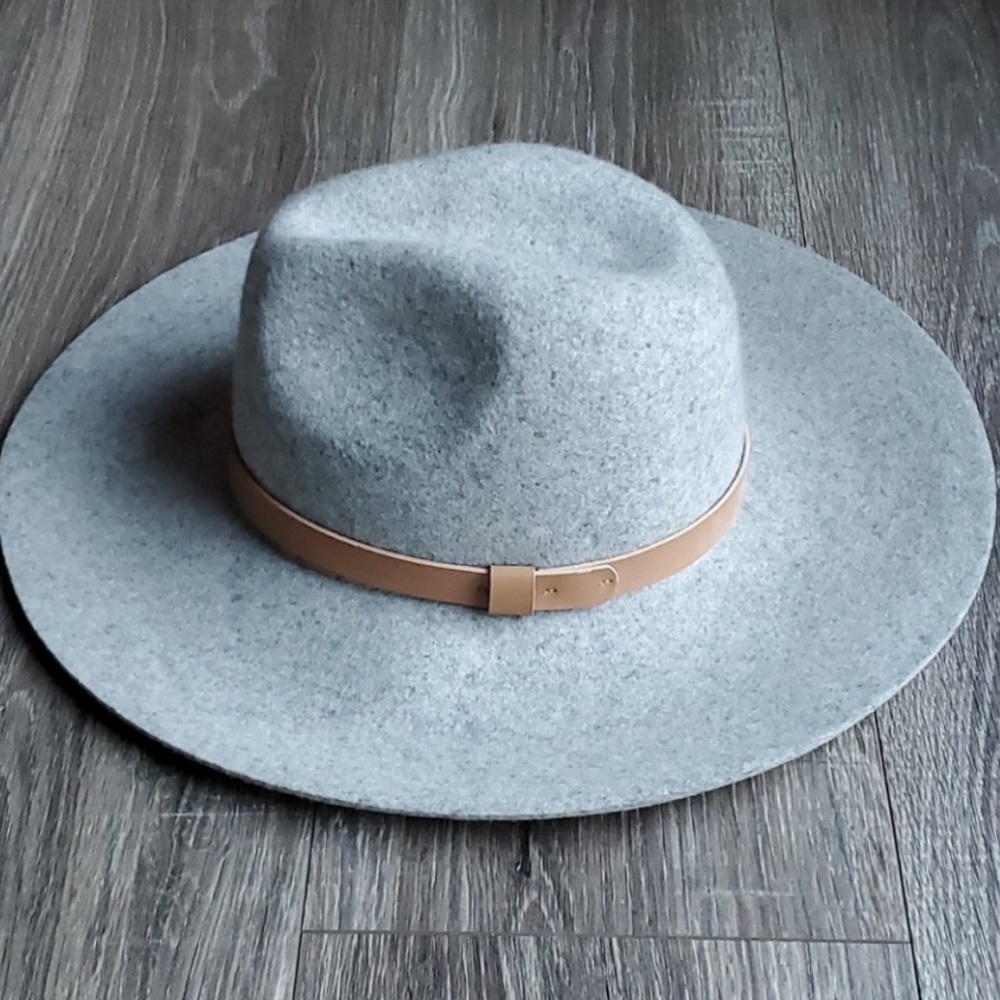 H&M 100% Felted Wool gray wide brim hat w/ vegan leather trim L 58cm